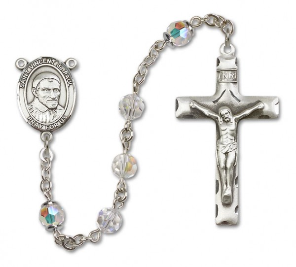 St. Vincent de Paul Sterling Silver Heirloom Rosary Squared Crucifix - Crystal
