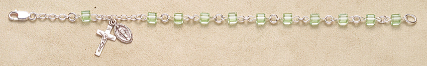 Rosary Bracelet - Sterling Silver with Chrysolite Swarovski Cube - Green Mist