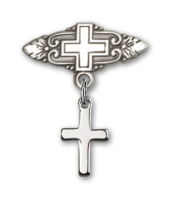 Baby Pin with Cross Charm and Badge Pin with Cross - Silver tone
