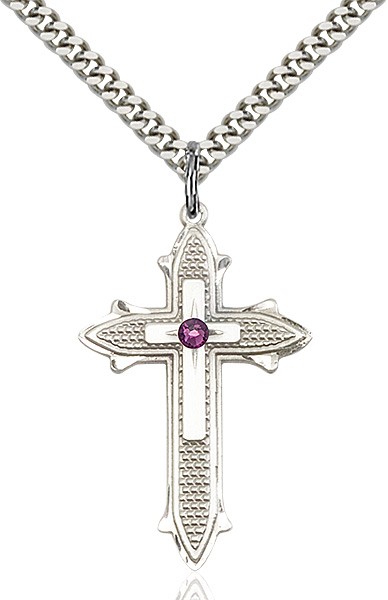 Large Women's Polished and Textured Cross Pendant with Birthstone Option - Amethyst