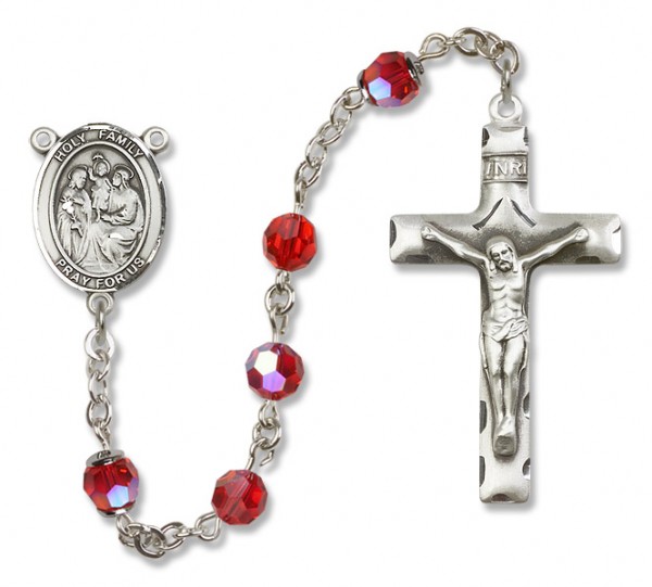 Holy Family Sterling Silver Heirloom Rosary Squared Crucifix - Ruby Red