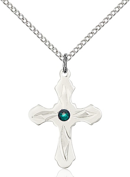 Youth Cross Pendant with Pointed Etching Birthstone Options - Emerald Green