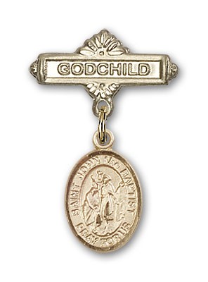 Pin Badge with St. John the Baptist Charm and Godchild Badge Pin - 14K Solid Gold