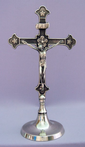 Standing Crucifix in Silver Plated Brass - 11.5&quot;H - Silver