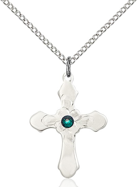 Floral Center Youth Cross Pendant with Birthstone Options - Emerald Green