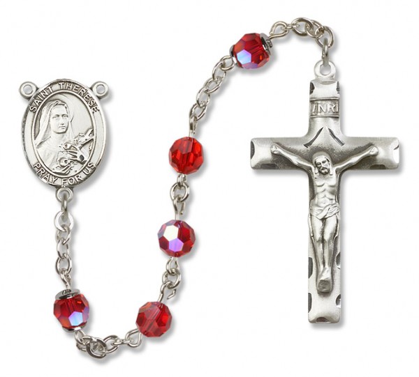 St. Therese of Lisieux Sterling Silver Heirloom Rosary Squared Crucifix - Ruby Red
