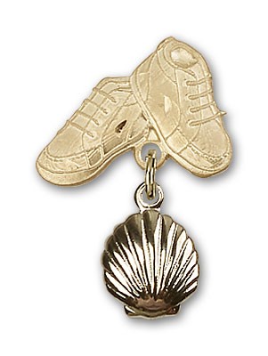 Baby Pin with Shell Charm and Baby Boots Pin - 14K Solid Gold