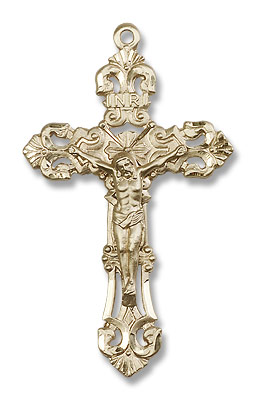 Men's Large Ornate Tip Crucifix Pendant - 14K Solid Gold