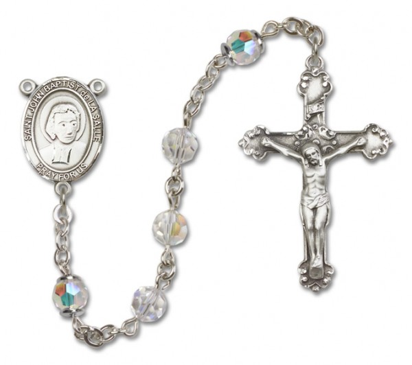 St. John Baptist de la Salle Sterling Silver Heirloom Rosary Fancy Crucifix - Crystal