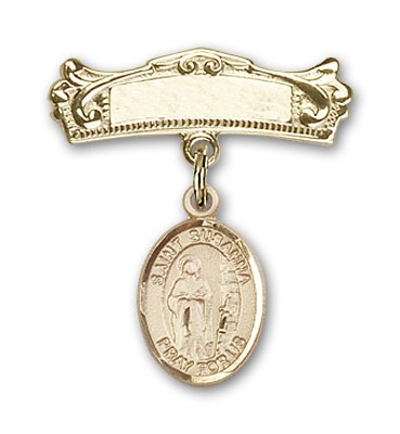 Pin Badge with St. Susanna Charm and Arched Polished Engravable Badge Pin - Gold Tone