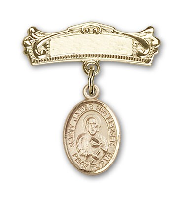 Pin Badge with St. James the Lesser Charm and Arched Polished Engravable Badge Pin - Gold Tone