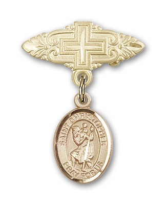 Pin Badge with St. Christopher Charm and Badge Pin with Cross - Gold Tone