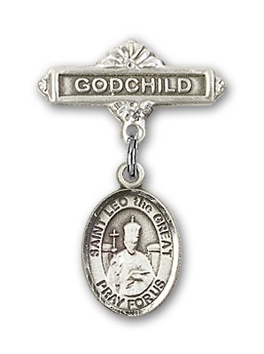 Pin Badge with St. Leo the Great Charm and Godchild Badge Pin - Silver tone