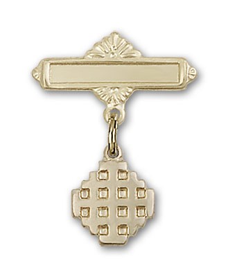 Pin Badge with Jerusalem Cross Charm and Polished Engravable Badge Pin - Gold Tone