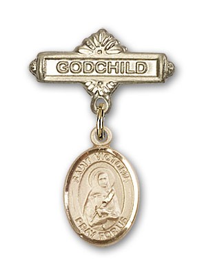Pin Badge with St. Victoria Charm and Godchild Badge Pin - Gold Tone
