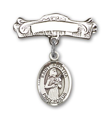 Pin Badge with St. Agatha Charm and Arched Polished Engravable Badge Pin - Silver tone