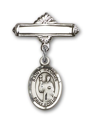 Pin Badge with St. Maurus Charm and Polished Engravable Badge Pin - Silver tone
