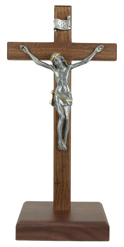 Standing Walnut Crucifix with Two-Tone Corpus 10 Inch - Brown