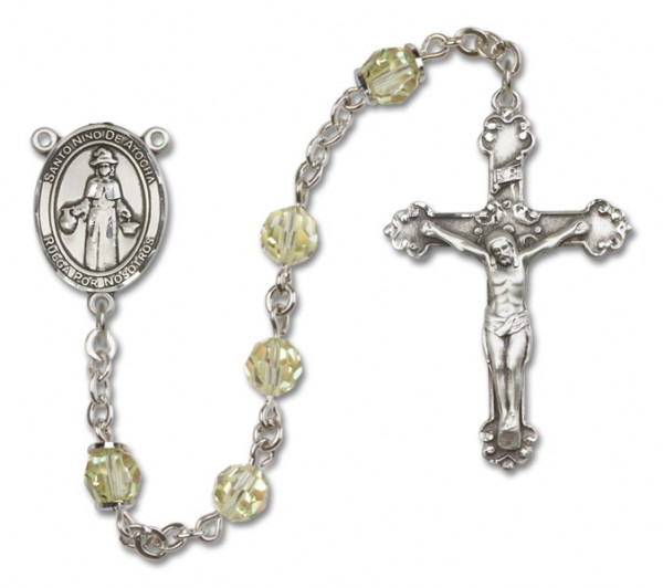 St. Nino de Atocha Sterling Silver Heirloom Rosary Fancy Crucifix - Zircon
