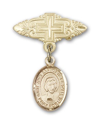Pin Badge with St. John Baptist de la Salle Charm and Badge Pin with Cross - Gold Tone