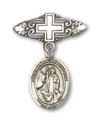 Pin Badge with St. Anthony of Egypt Charm and Badge Pin with Cross - Silver tone