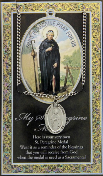 St. Peregrine Medal in Pewter with Bi-Fold Prayer Card - Silver tone
