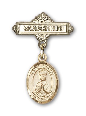 Pin Badge with St. Henry II Charm and Godchild Badge Pin - 14K Solid Gold