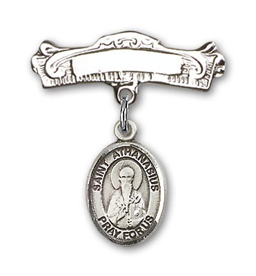 Pin Badge with St. Athanasius Charm and Arched Polished Engravable Badge Pin - Silver tone