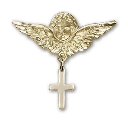 Baby Pin with Cross Charm and Angel with Larger Wings Badge Pin - 14K Solid Gold