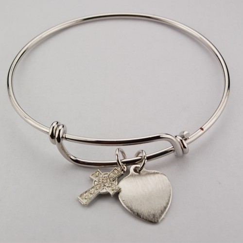 Girl's Celtic Cross Bangle Bracelet Engravable Heart Charm - Silver