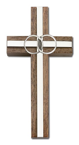 Marriage Cross with Eternity Rings in Walnut 4&quot; - Silver tone