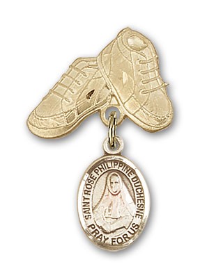 Pin Badge with St. Rose Philippine Charm and Baby Boots Pin - Gold Tone
