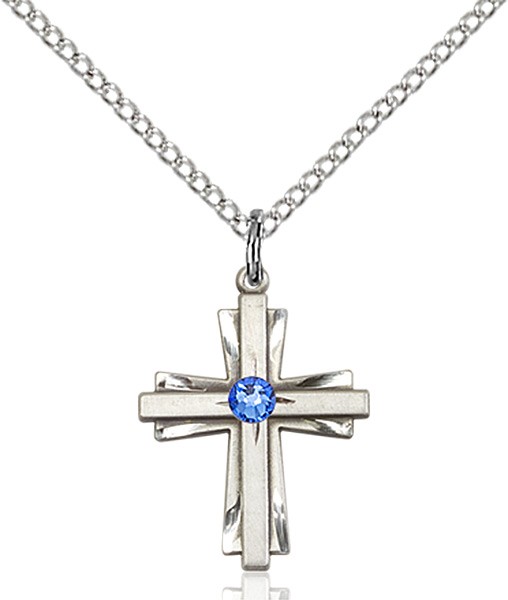 Youth Etched Cross Pendant with Birthstone Options - Sapphire
