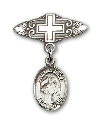 Pin Badge with St. Ursula Charm and Badge Pin with Cross - Silver tone