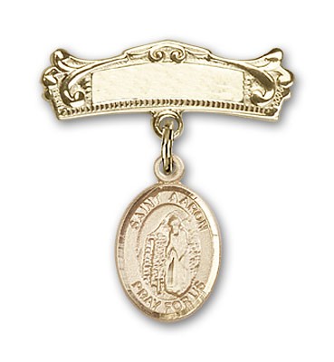Pin Badge with St. Aaron Charm and Arched Polished Engravable Badge Pin - Gold Tone