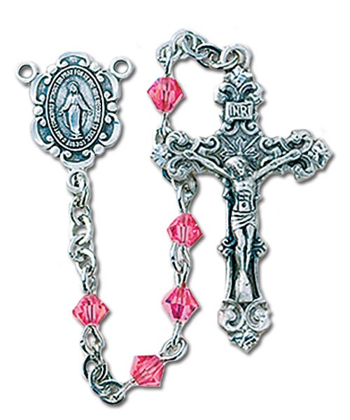 4mm Pink Crystal Swarovski Bead Rosary in Sterling Silver - Pink