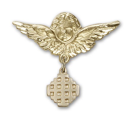 Pin Badge with Jerusalem Cross Charm and Angel with Larger Wings Badge Pin - 14K Solid Gold