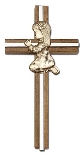Praying Girl Cross in Walnut 6&quot; with Metal Inlay - Two-Tone Silver