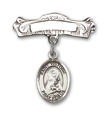 Pin Badge with St. Victoria Charm and Arched Polished Engravable Badge Pin - Silver tone