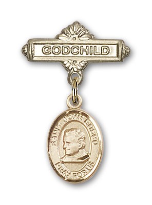 Pin Badge with St. John Bosco Charm and Godchild Badge Pin - Gold Tone