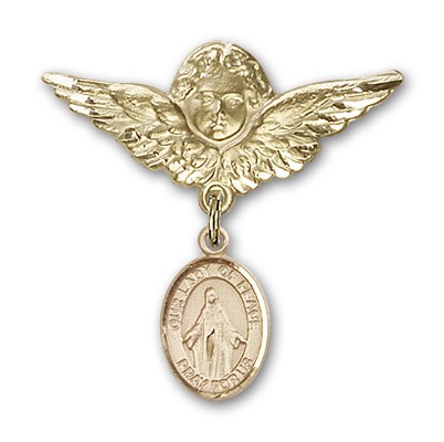 Pin Badge with Our Lady of Peace Charm and Angel with Larger Wings Badge Pin - 14K Solid Gold