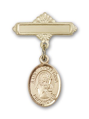 Pin Badge with St. Apollonia Charm and Polished Engravable Badge Pin - 14K Solid Gold