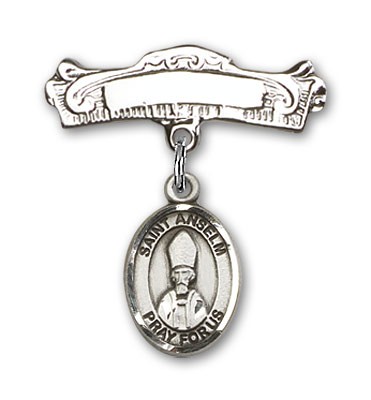 Pin Badge with St. Anselm of Canterbury Charm and Arched Polished Engravable Badge Pin - Silver tone