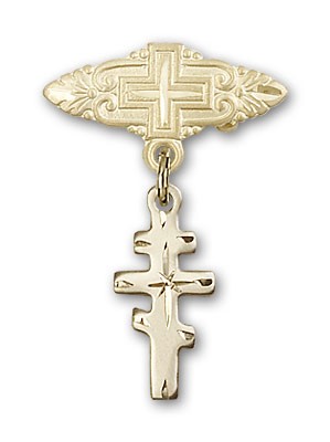 Pin Badge with Greek Orthadox Cross Charm and Badge Pin with Cross - Gold Tone