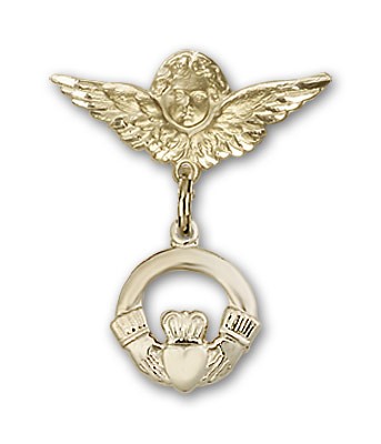 Pin Badge with Claddagh Charm and Angel with Smaller Wings Badge Pin - Gold Tone