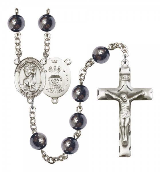 Men's St. Christopher Air Force Silver Plated Rosary - Silver
