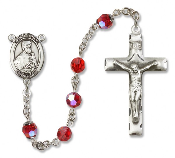 St. Thomas the Apostle Sterling Silver Heirloom Rosary Squared Crucifix - Ruby Red