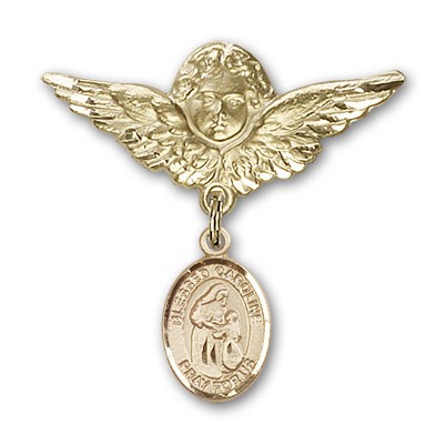 Pin Badge with Blessed Caroline Gerhardinger Charm and Angel with Larger Wings Badge Pin - Gold Tone