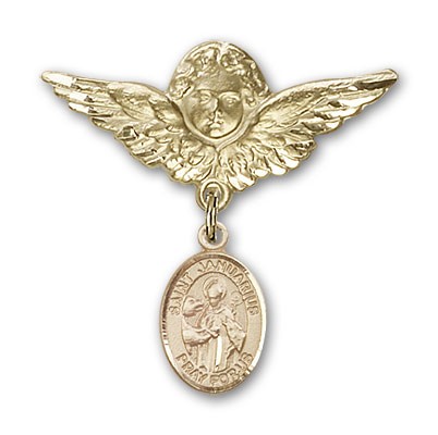 Pin Badge with St. Januarius Charm and Angel with Larger Wings Badge Pin - 14K Solid Gold