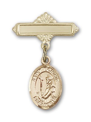 Pin Badge with St. Dominic de Guzman Charm and Polished Engravable Badge Pin - Gold Tone